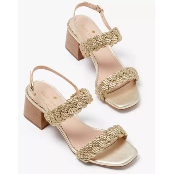 NWB Kate Spade Valentina Braided Strap Mid Heeled Sandals Pale Gold Size 6B - Picture 1 of 7
